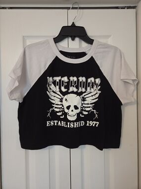 Zoe + Liv Black and White Graphic Cropped Raglan Tee - "Eternal" Skull